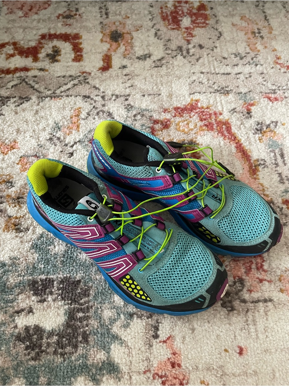 Salomon Teal, Purple and Neon Yellow Trail Sneakers